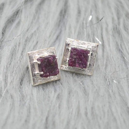 Raw Ruby Sterling Silver Stud Earrings: July Birthstone, Red Gemstone