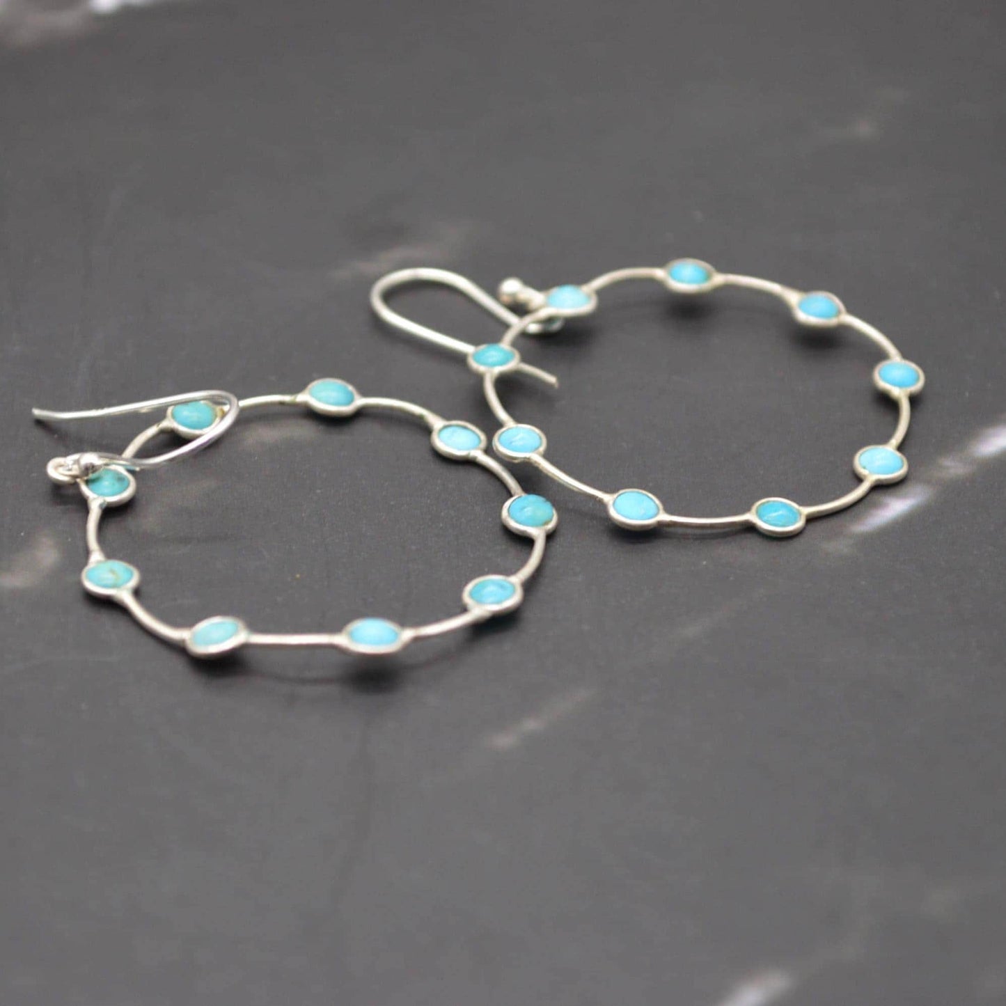 Blue Turquoise Silver Earrings: December Birthstone, Gemstone Hoop