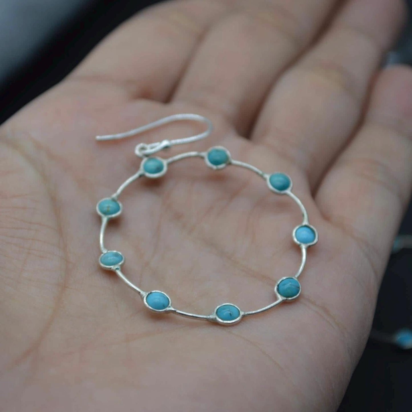 Blue Turquoise Silver Earrings: December Birthstone, Gemstone Hoop