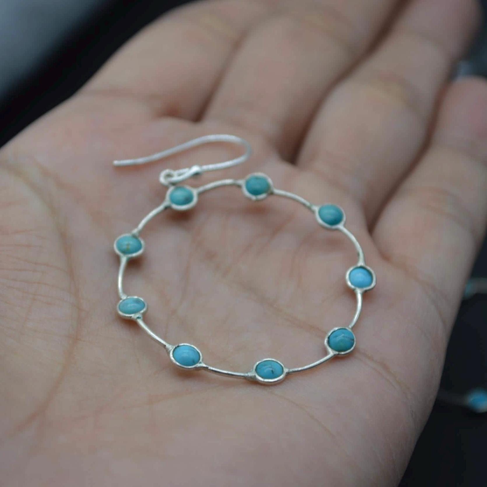 Blue Turquoise Silver Earrings: December Birthstone, Gemstone Hoop