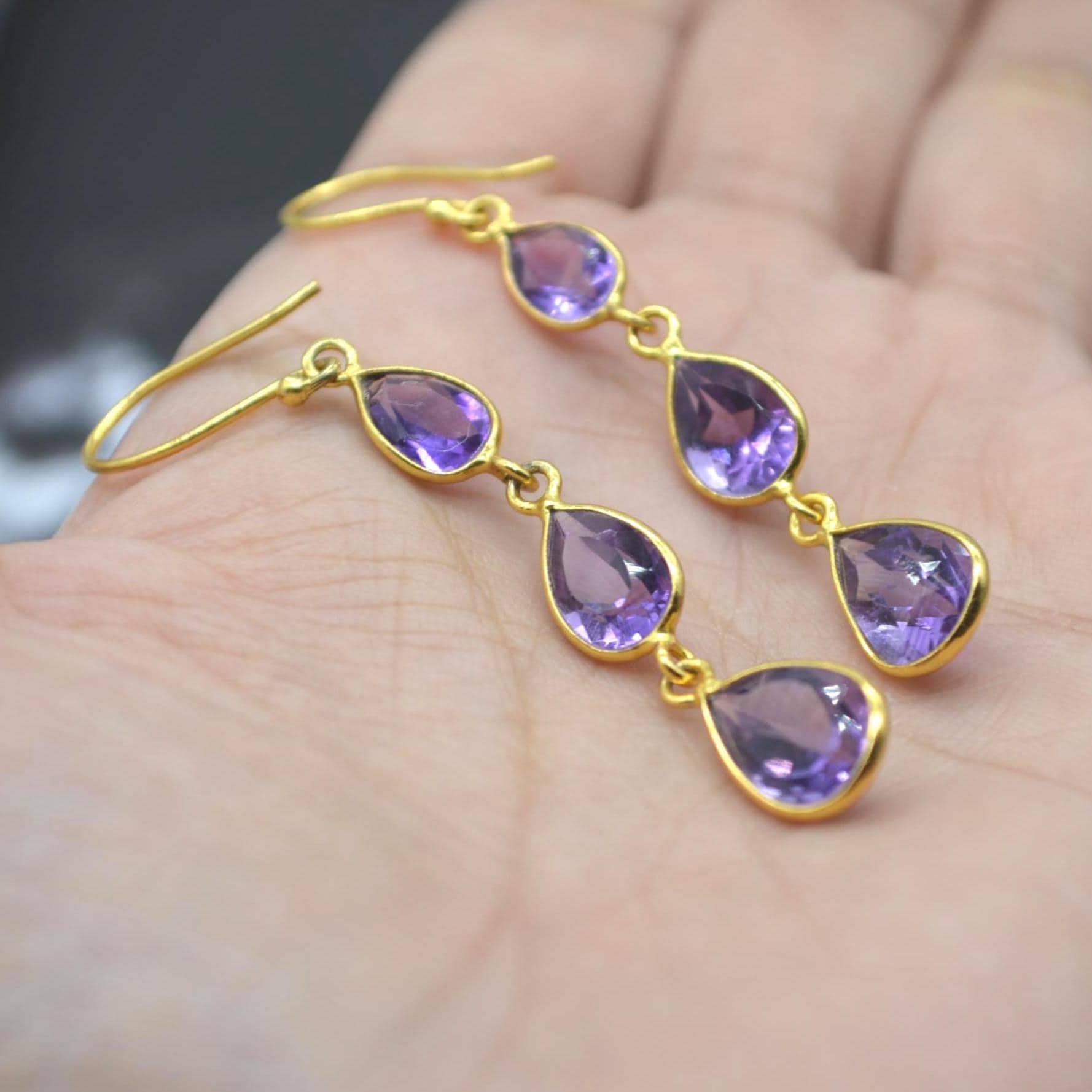 Amethyst Gold Plated Silver Drop Earrings: Purple Gemstone Teardrop, February Birthstone