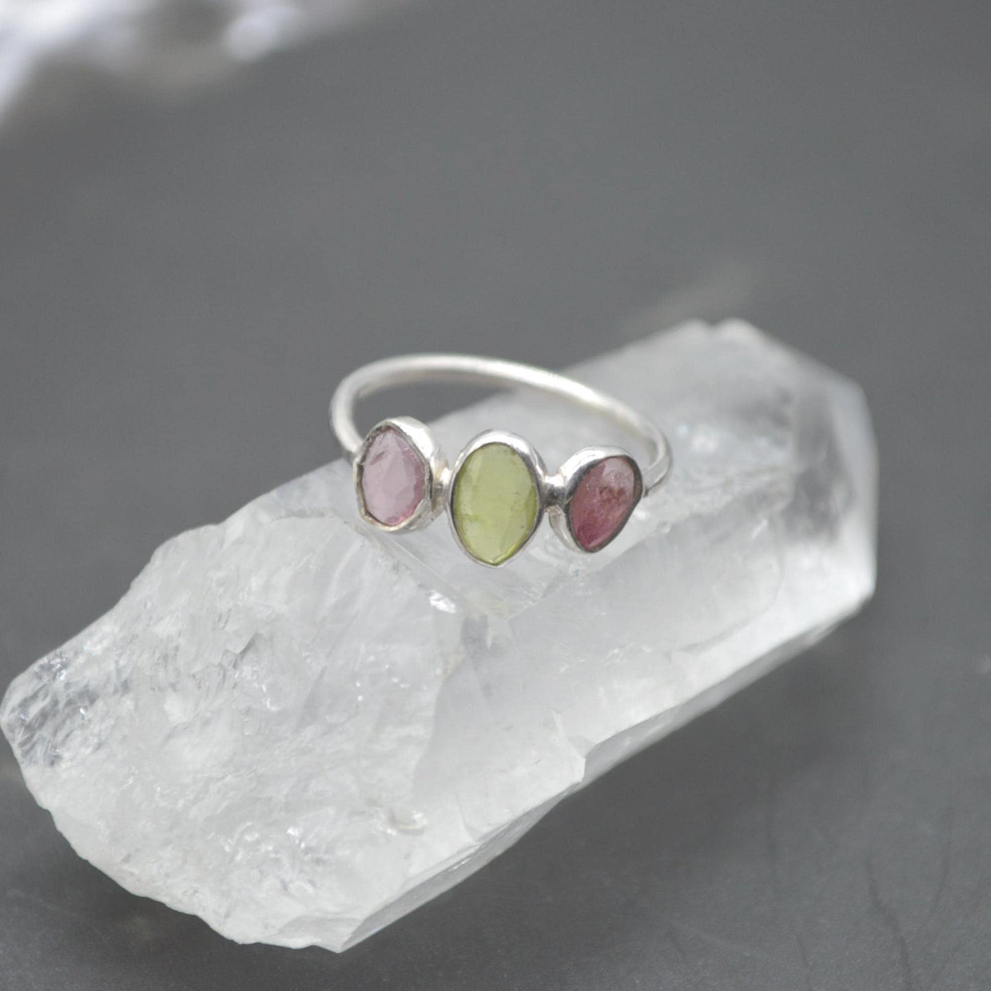 Green Pink Tourmaline Ring: Sterling Silver, October Birthstone, Tourmaline Jewelry, UK Size M