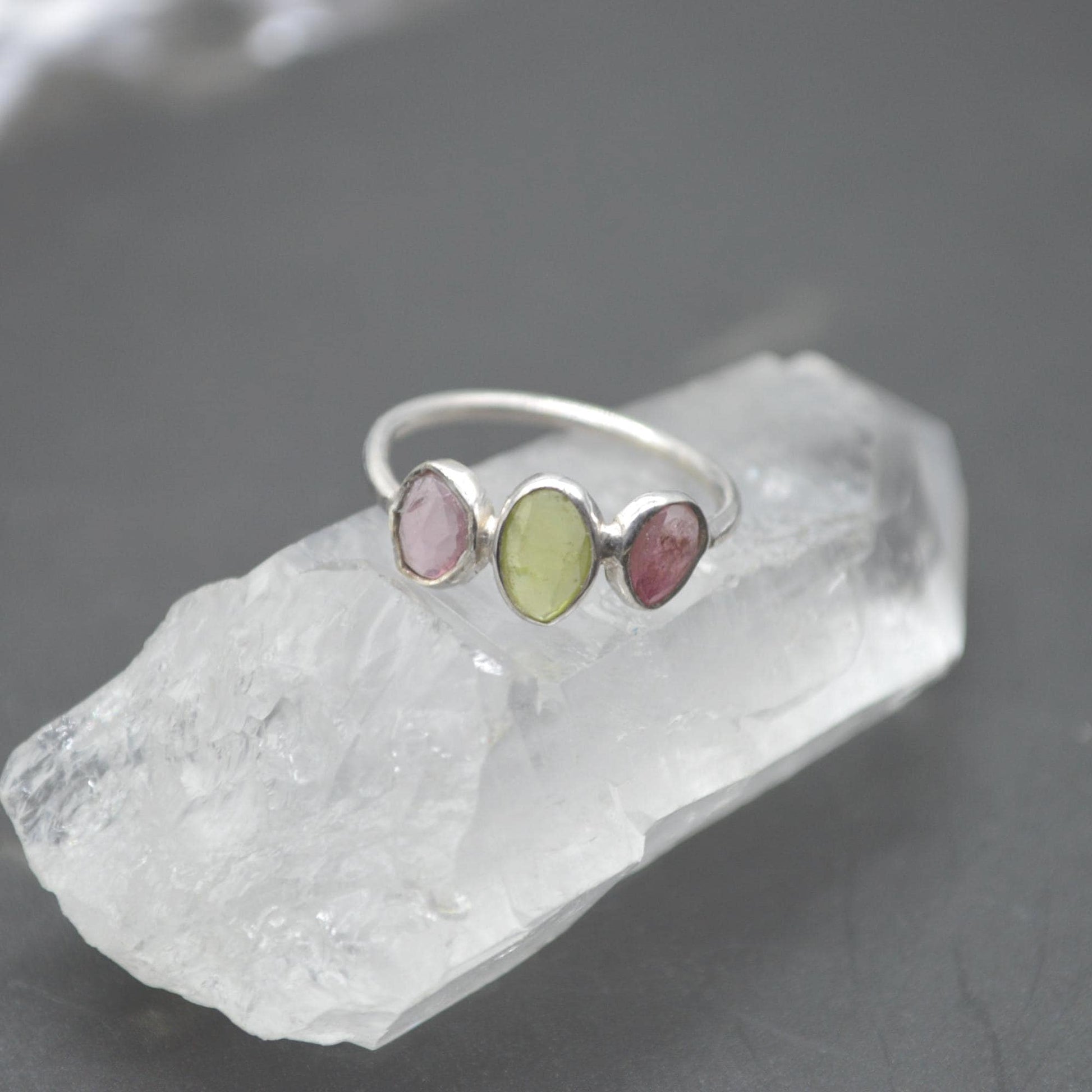 Green Pink Tourmaline Ring: Sterling Silver, October Birthstone, Tourmaline Jewelry, UK Size M