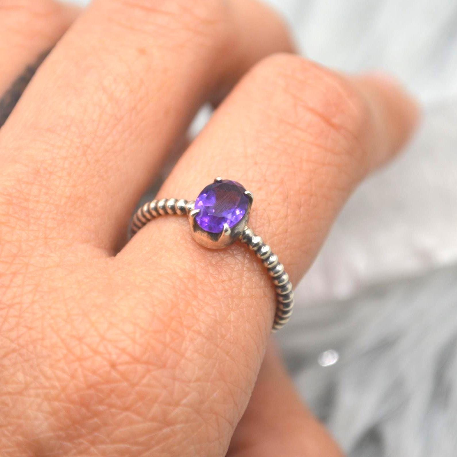 Amethyst Sterling Silver Ring: February Birthstone Jewelry, Purple Gemstone, Everyday Stacking Ring