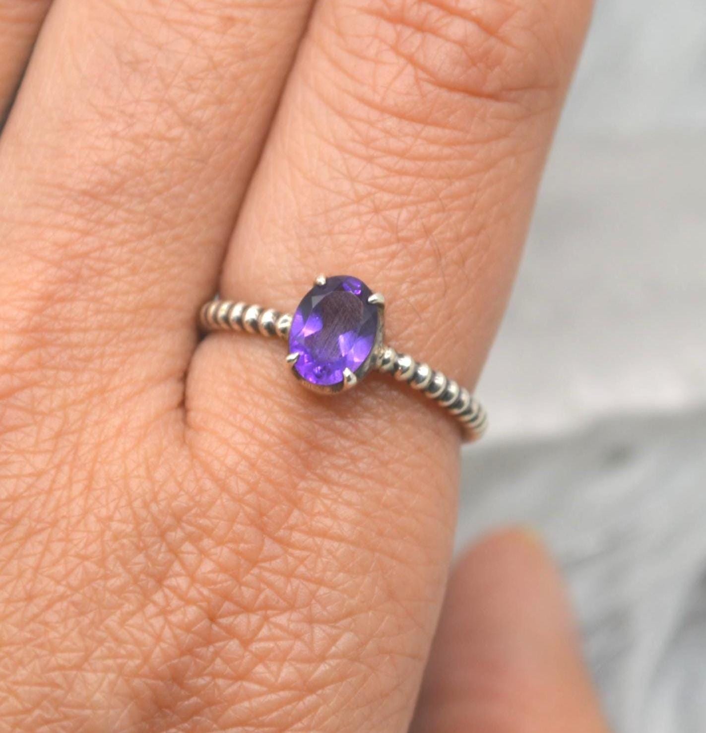 Amethyst Sterling Silver Ring: February Birthstone Jewelry, Purple Gemstone, Everyday Stacking Ring