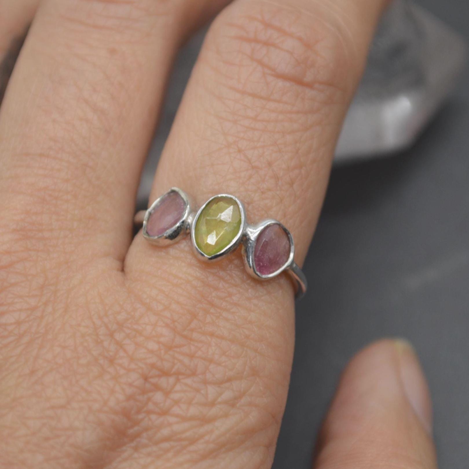 Green Pink Tourmaline Ring: Sterling Silver, October Birthstone, Tourmaline Jewelry, UK Size M