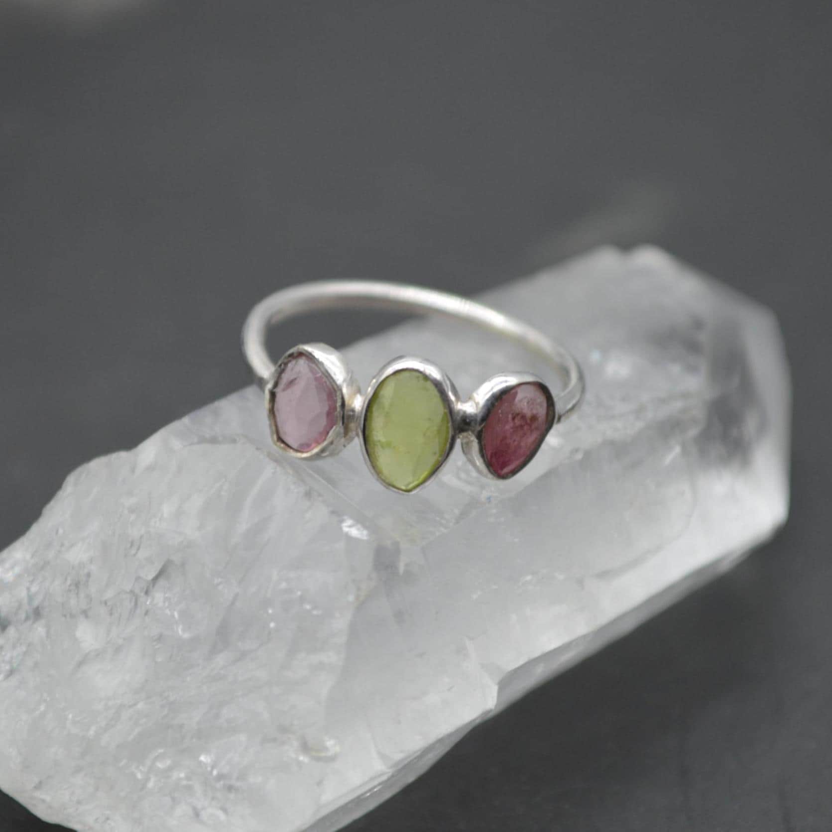 Green Pink Tourmaline Ring: Sterling Silver, October Birthstone, Tourmaline Jewelry, UK Size M