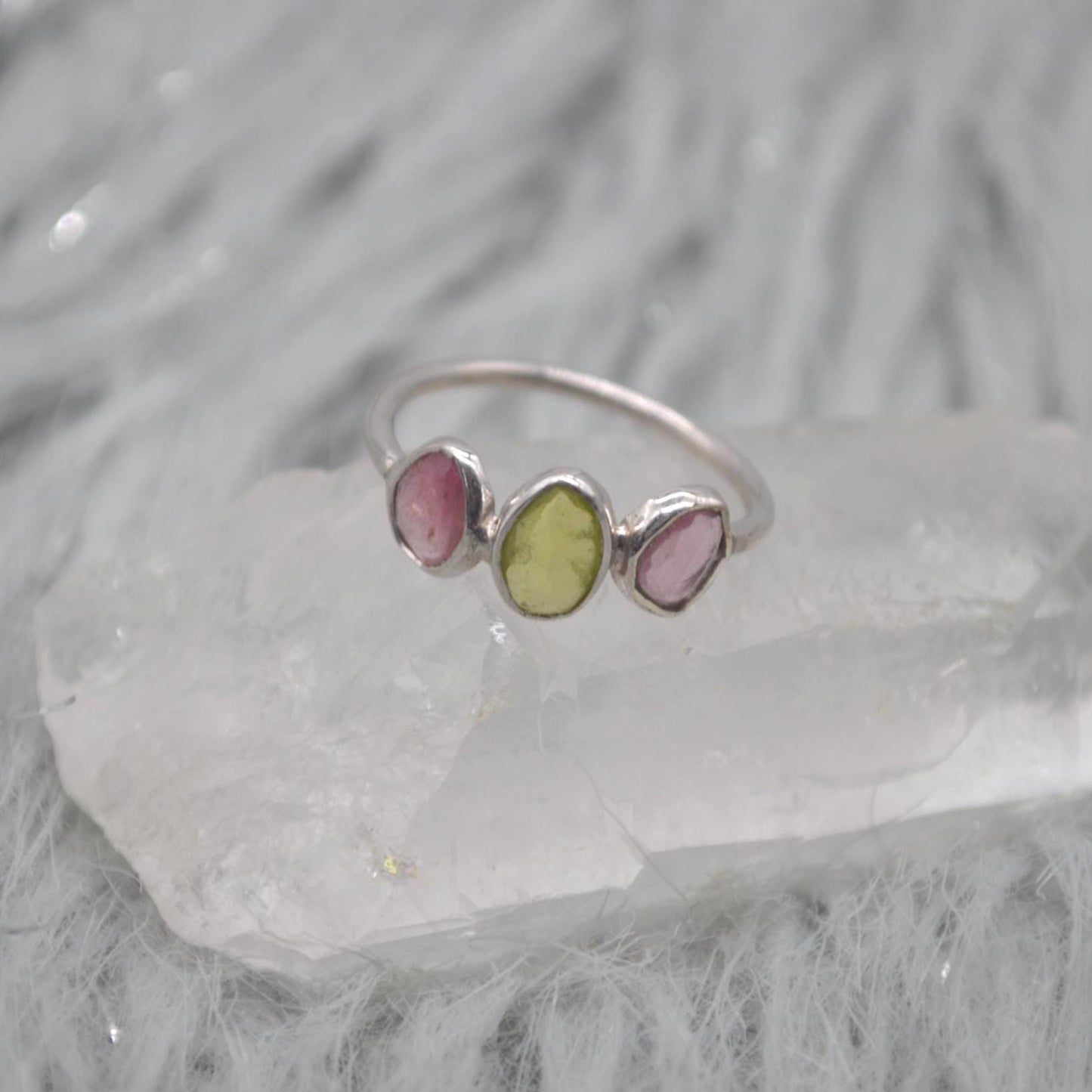 Green Pink Tourmaline Ring: Sterling Silver, October Birthstone, Tourmaline Jewelry, UK Size M