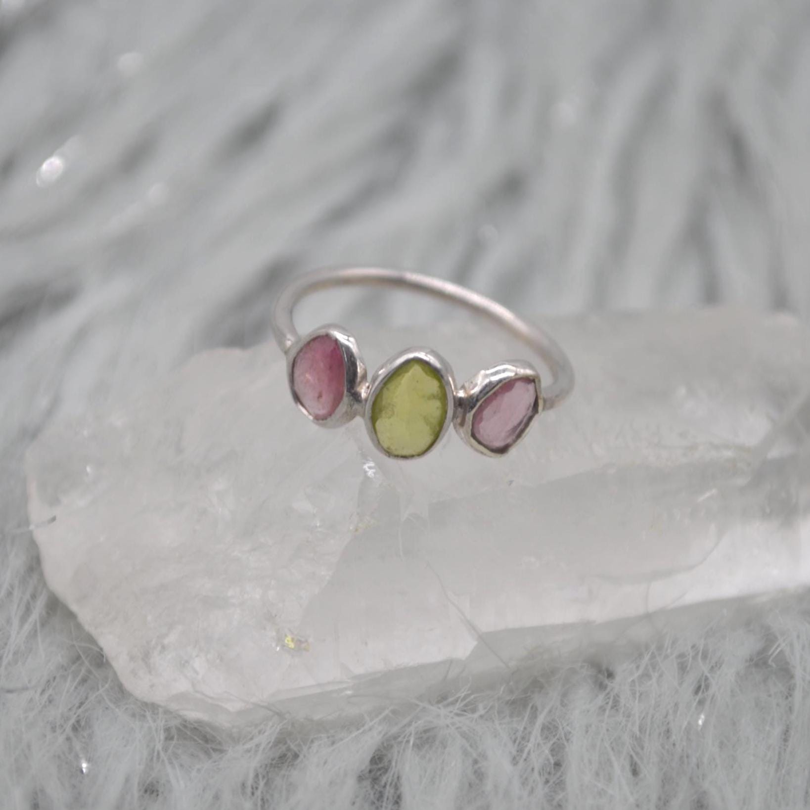 Green Pink Tourmaline Ring: Sterling Silver, October Birthstone, Tourmaline Jewelry, UK Size M