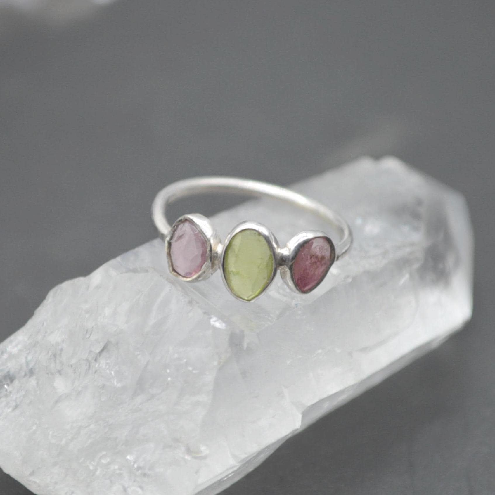 Green Pink Tourmaline Ring: Sterling Silver, October Birthstone, Tourmaline Jewelry, UK Size M