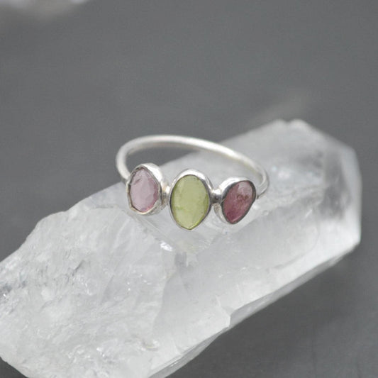 Green Pink Tourmaline Ring: Sterling Silver, October Birthstone, Tourmaline Jewelry, UK Size M