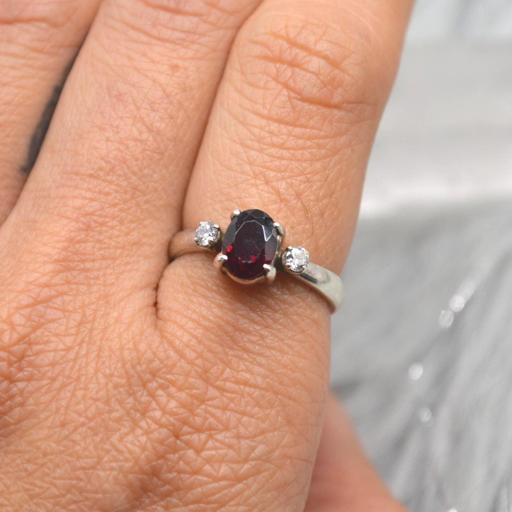 Red Garnet, CZ Sterling Silver Ring: January Birthstone, Handmade Stacking Ring, UK Size L