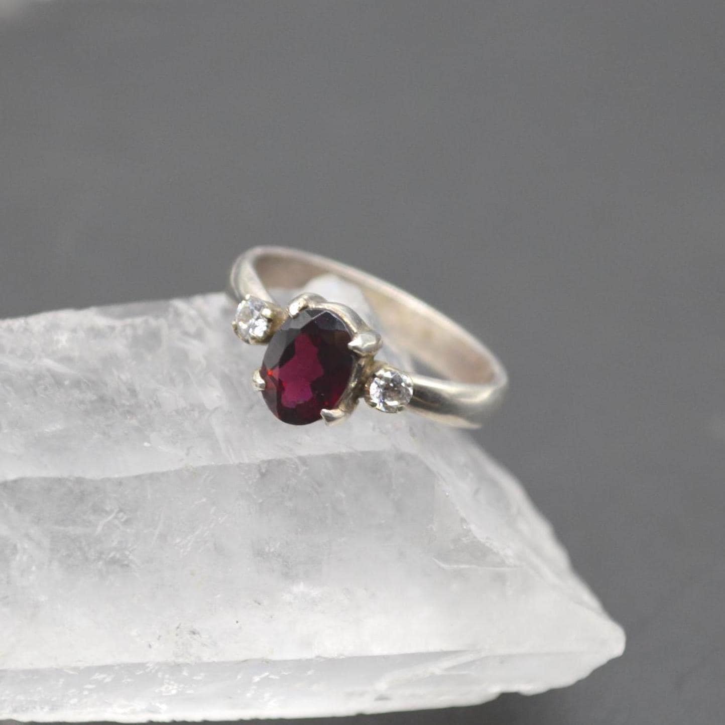 Red Garnet, CZ Sterling Silver Ring: January Birthstone, Handmade Stacking Ring, UK Size L