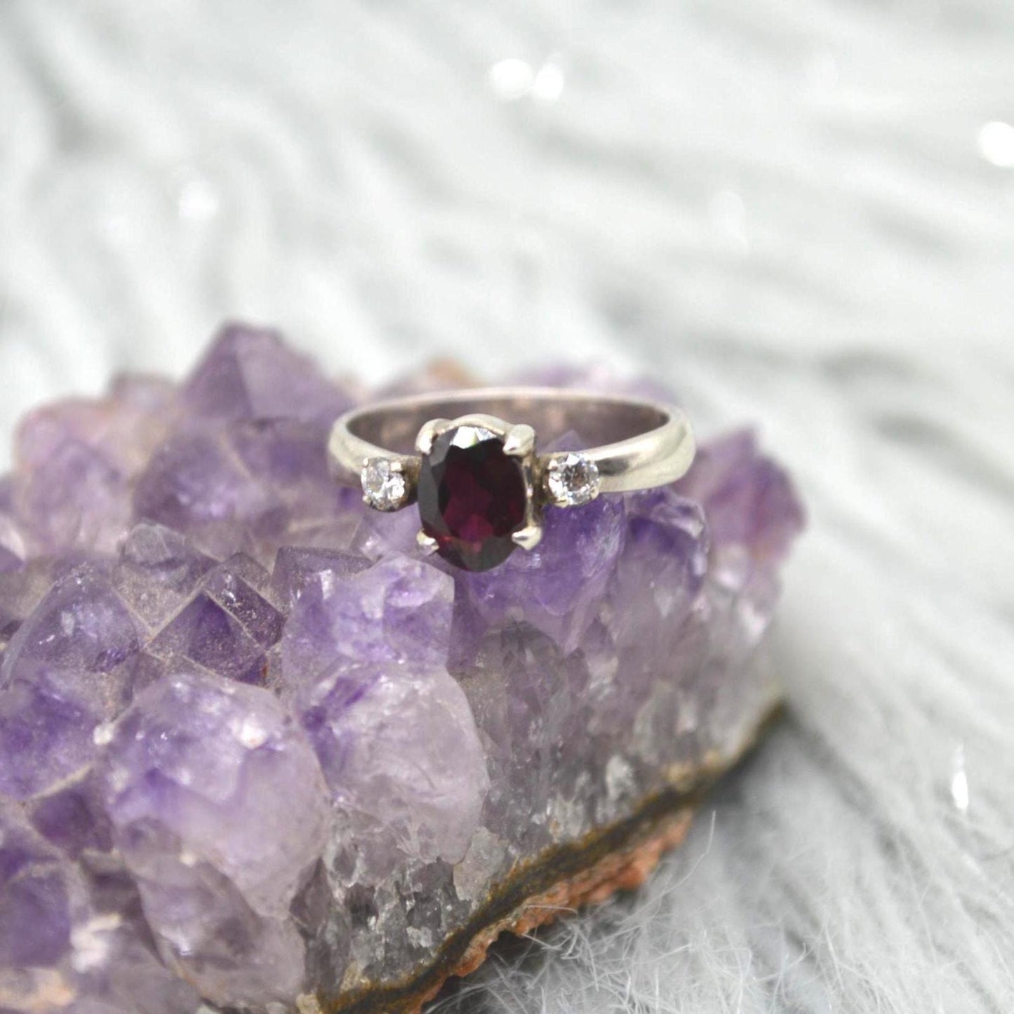 Red Garnet, CZ Sterling Silver Ring: January Birthstone, Handmade Stacking Ring, UK Size L