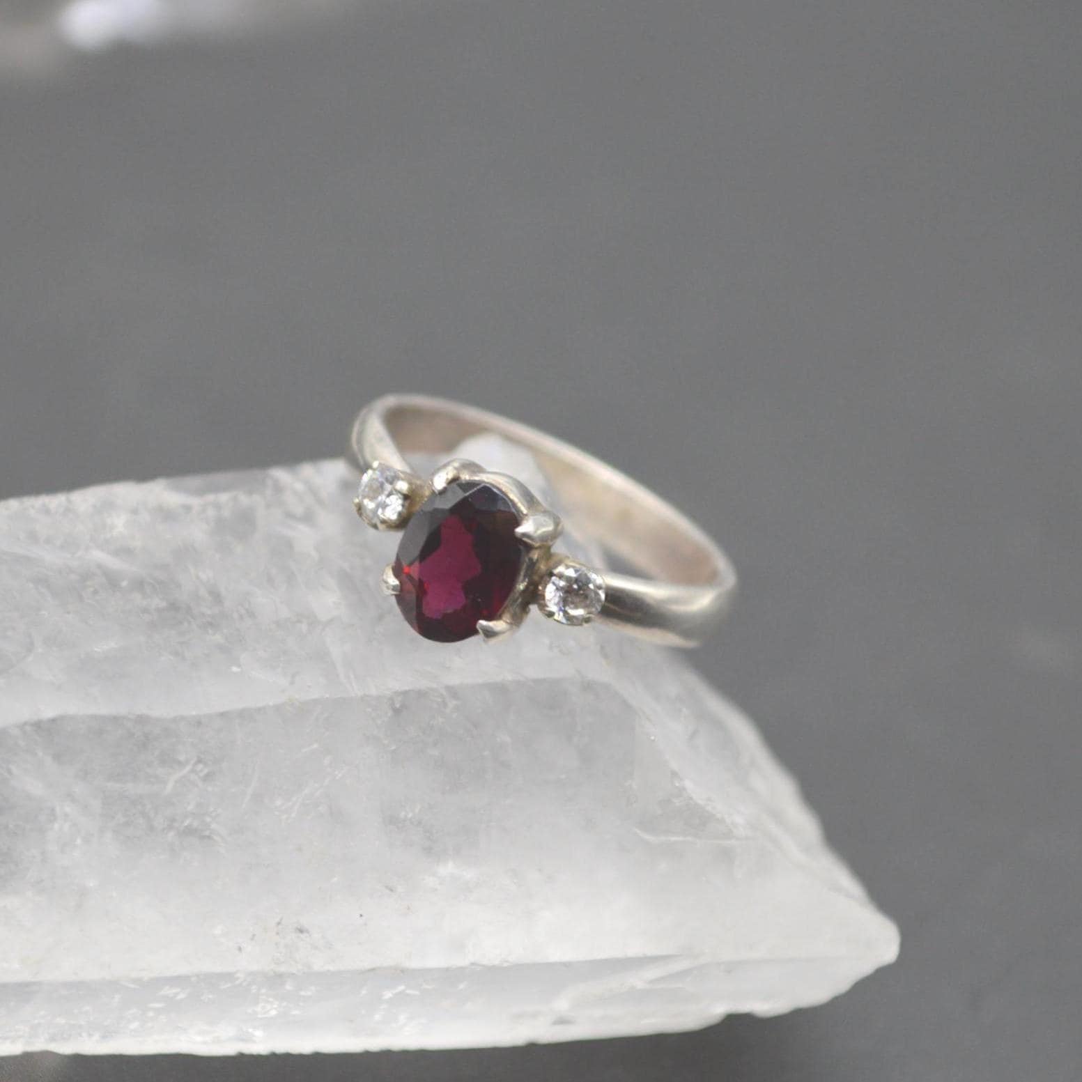 Red Garnet, CZ Sterling Silver Ring: January Birthstone, Handmade Stacking Ring, UK Size L
