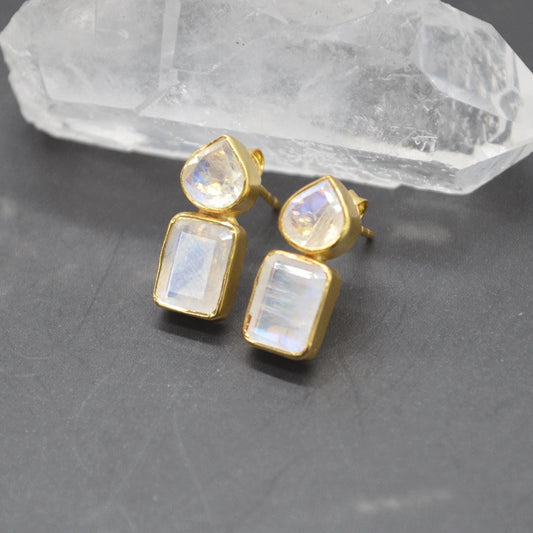 Rainbow Moonstone Gold Stud Earrings: Sterling Silver, June Birthstone