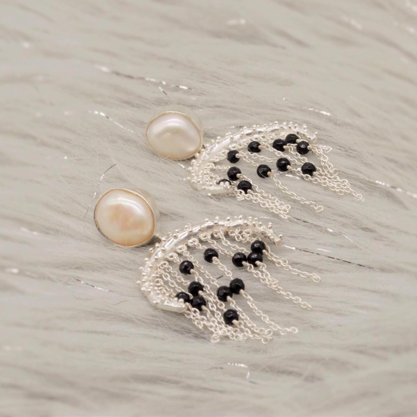 Black Onyx Pearl Sterling Silver Earrings: Beaded Jhumka Drop, June Birthstone