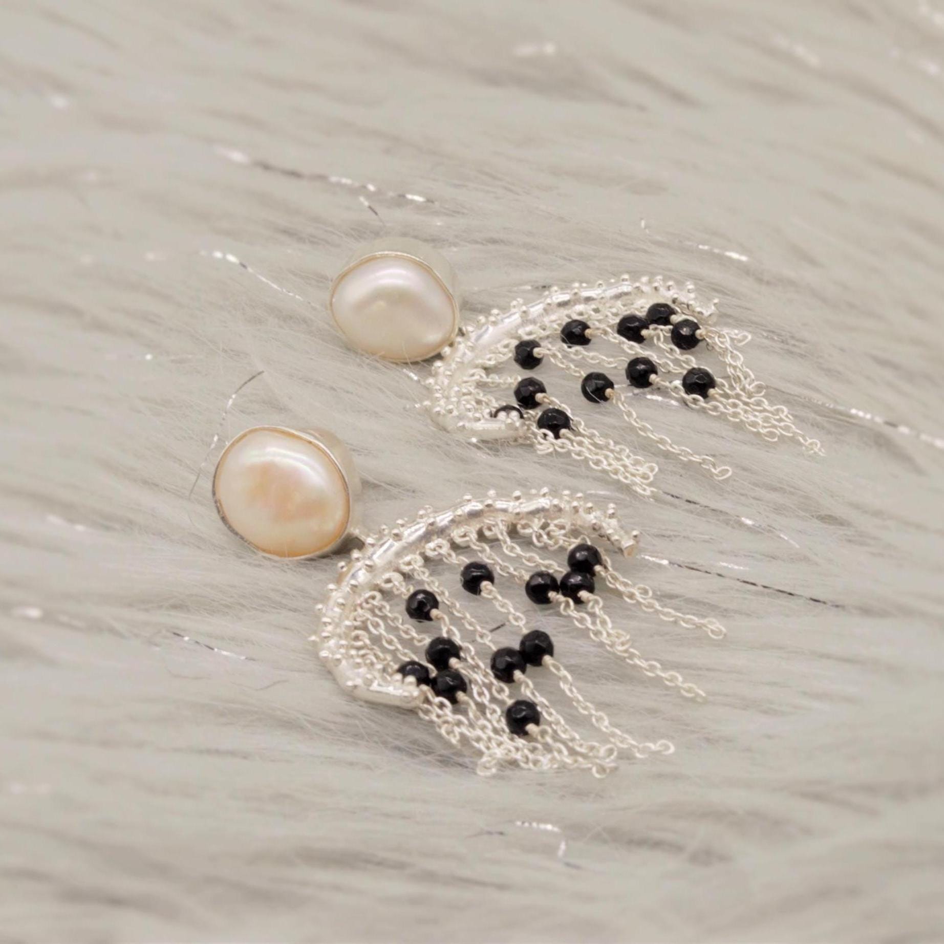 Black Onyx Pearl Sterling Silver Earrings: Beaded Jhumka Drop, June Birthstone