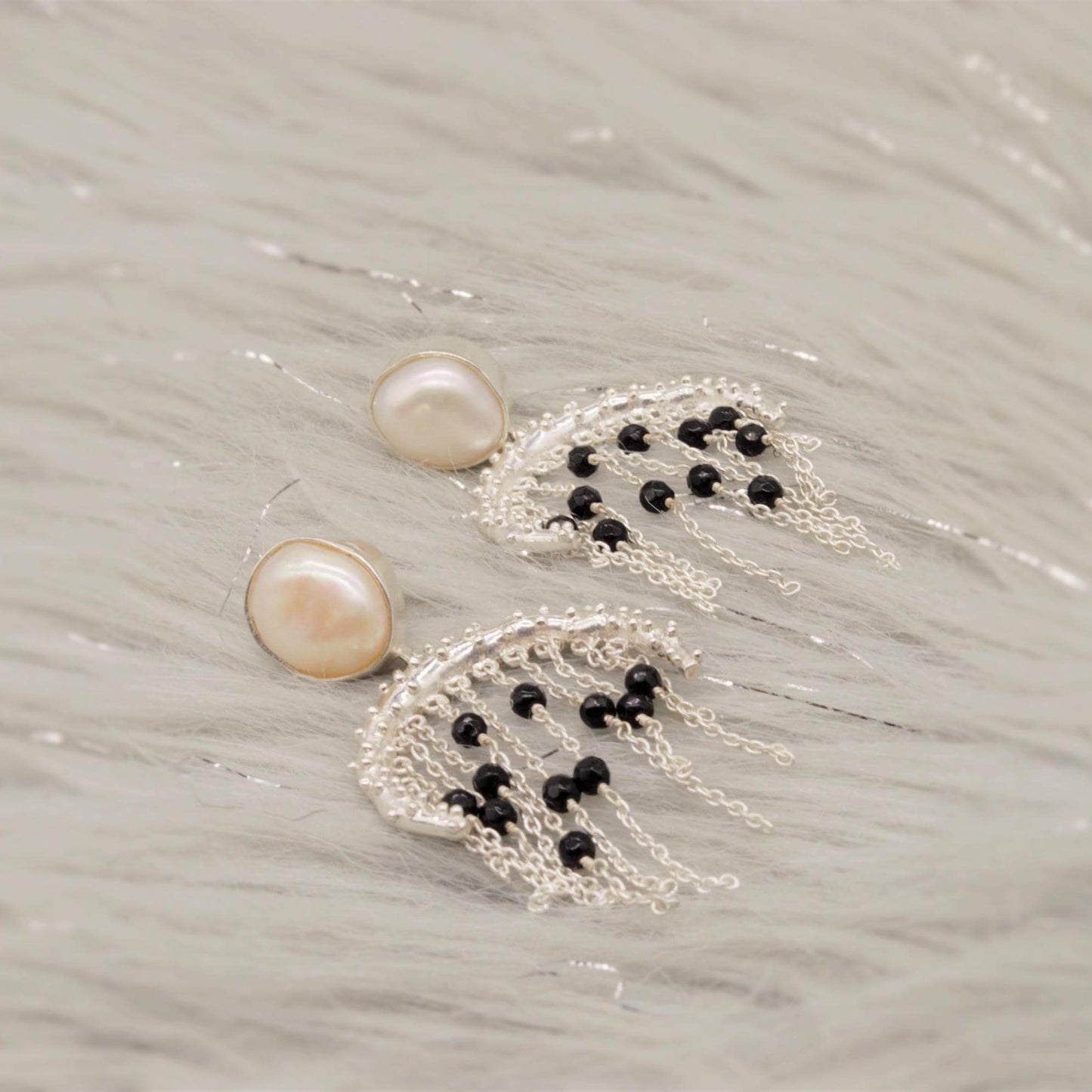 Black Onyx Pearl Sterling Silver Earrings: Beaded Jhumka Drop, June Birthstone