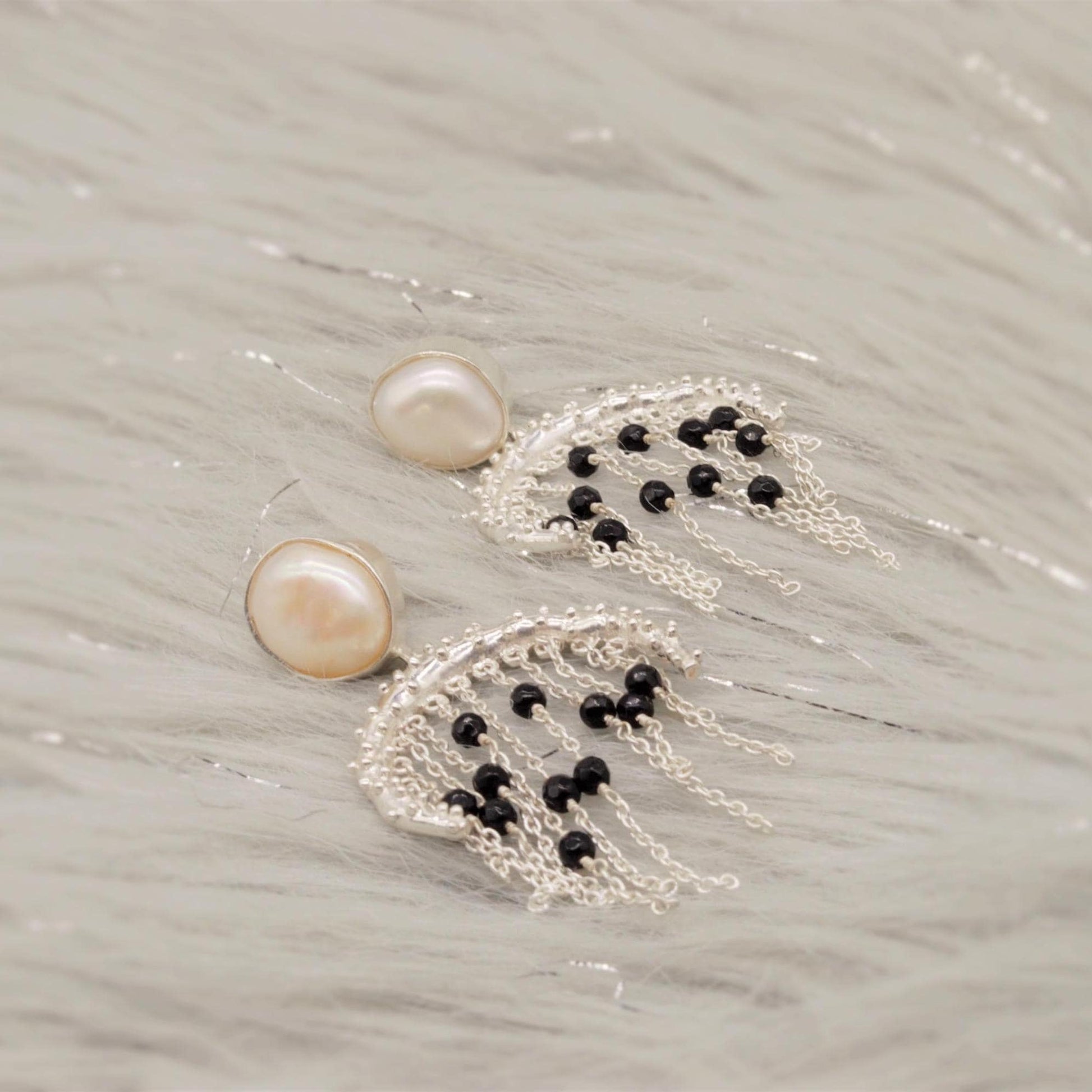 Black Onyx Pearl Sterling Silver Earrings: Beaded Jhumka Drop, June Birthstone