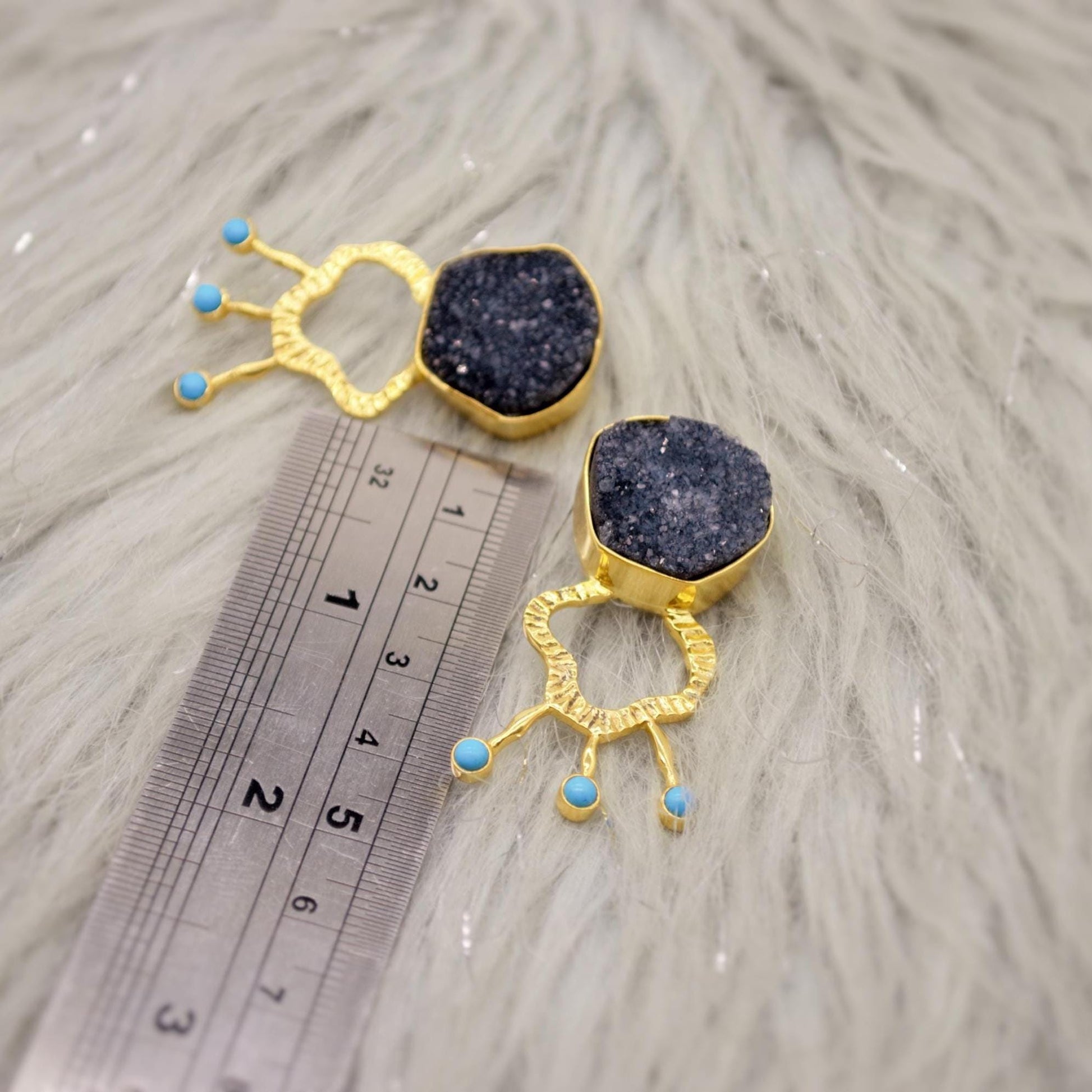 Black Druzy Agate Turquoise Silver Earrings: December Birthstone Jewelry