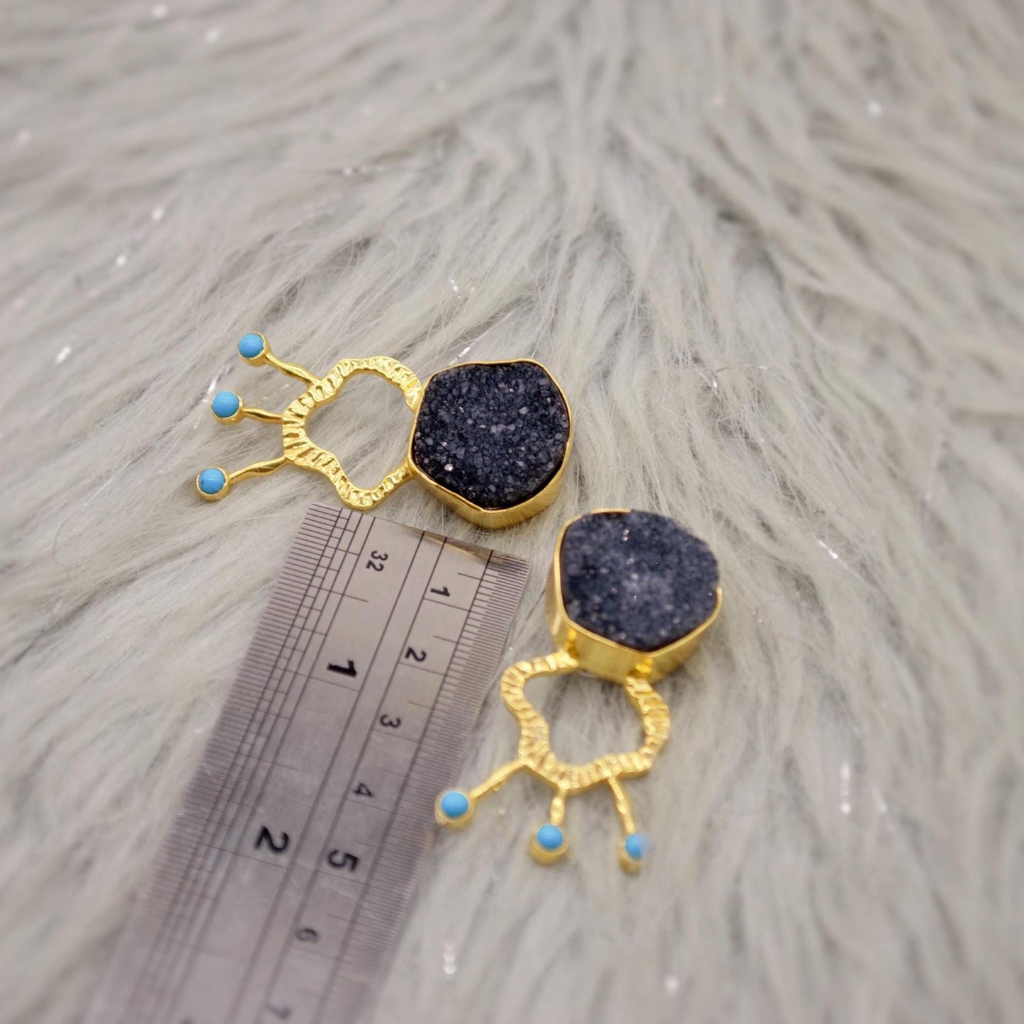 Black Druzy Agate Turquoise Silver Earrings: December Birthstone Jewelry