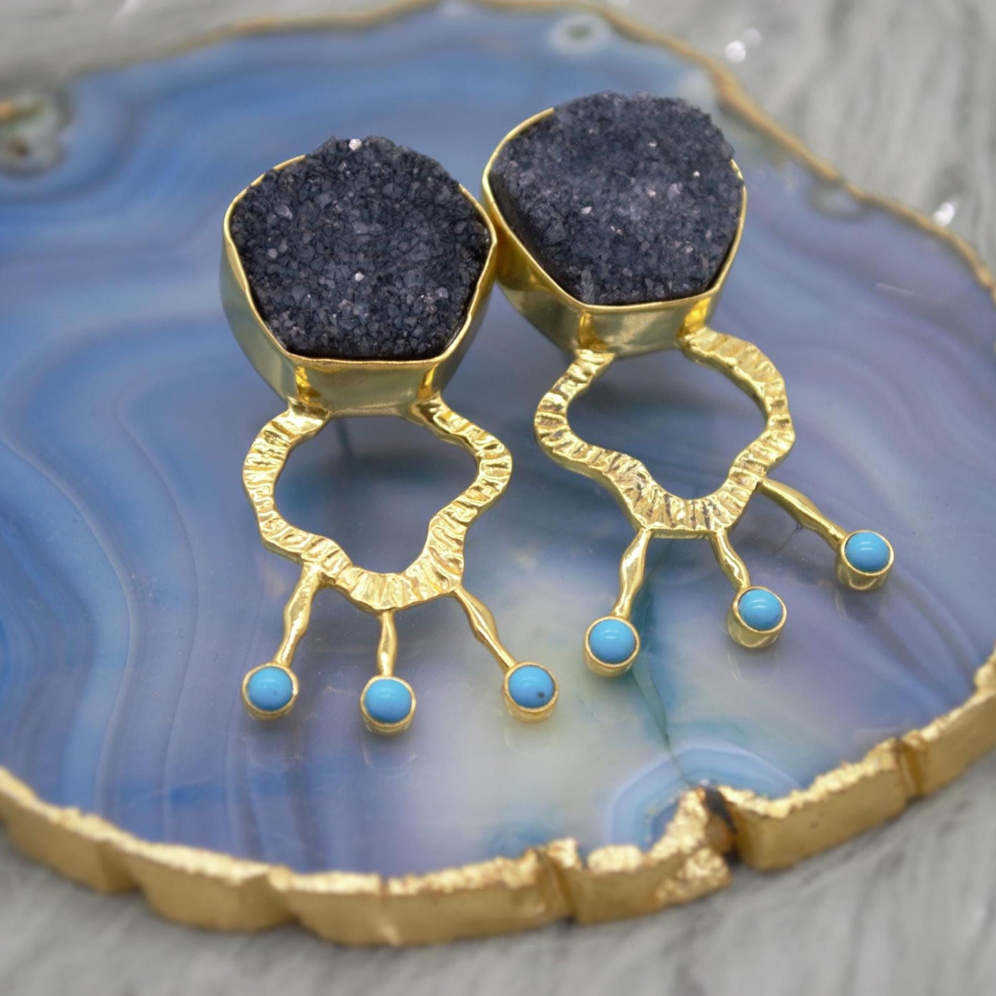 Black Druzy Agate Turquoise Silver Earrings: December Birthstone Jewelry