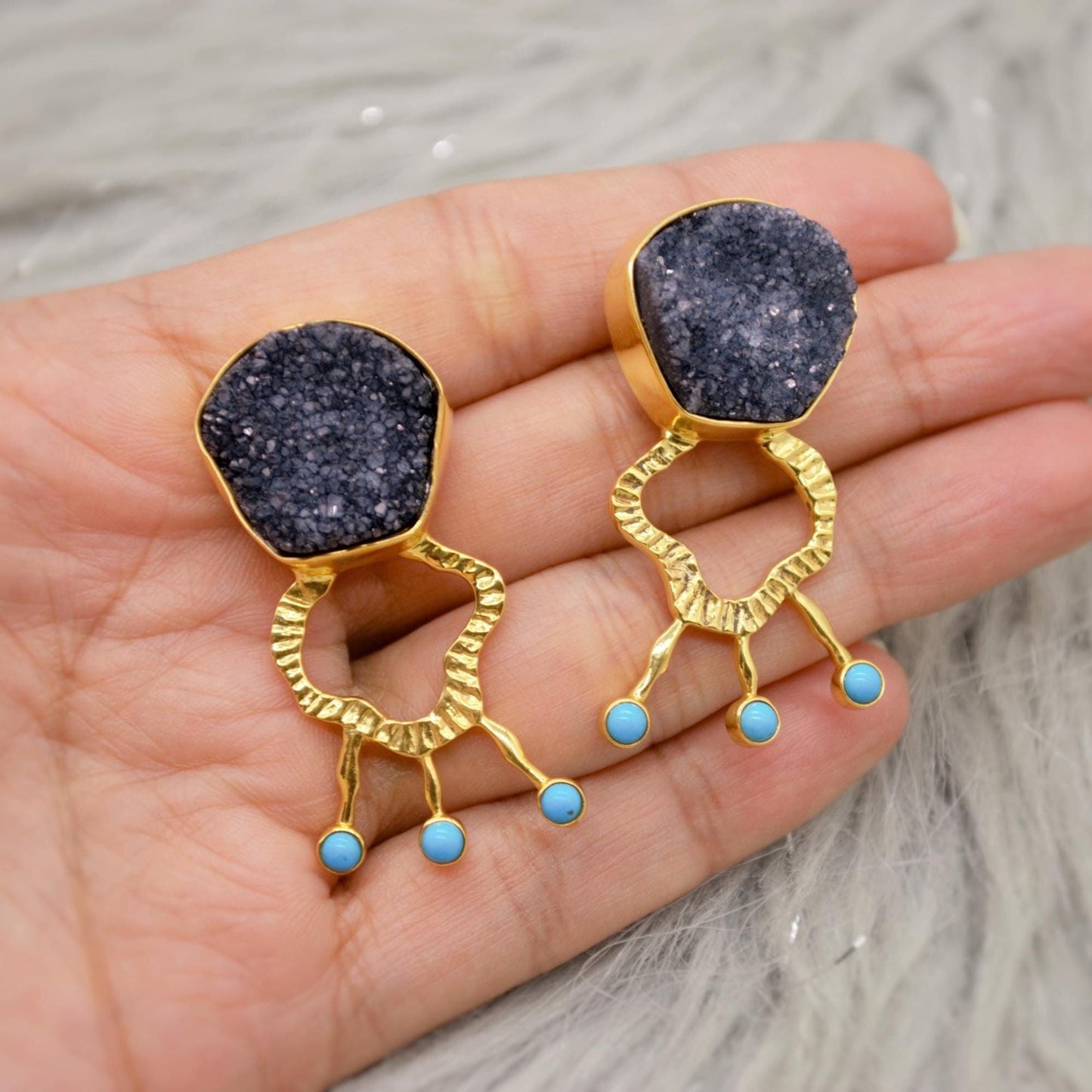 Black Druzy Agate Turquoise Silver Earrings: December Birthstone Jewelry
