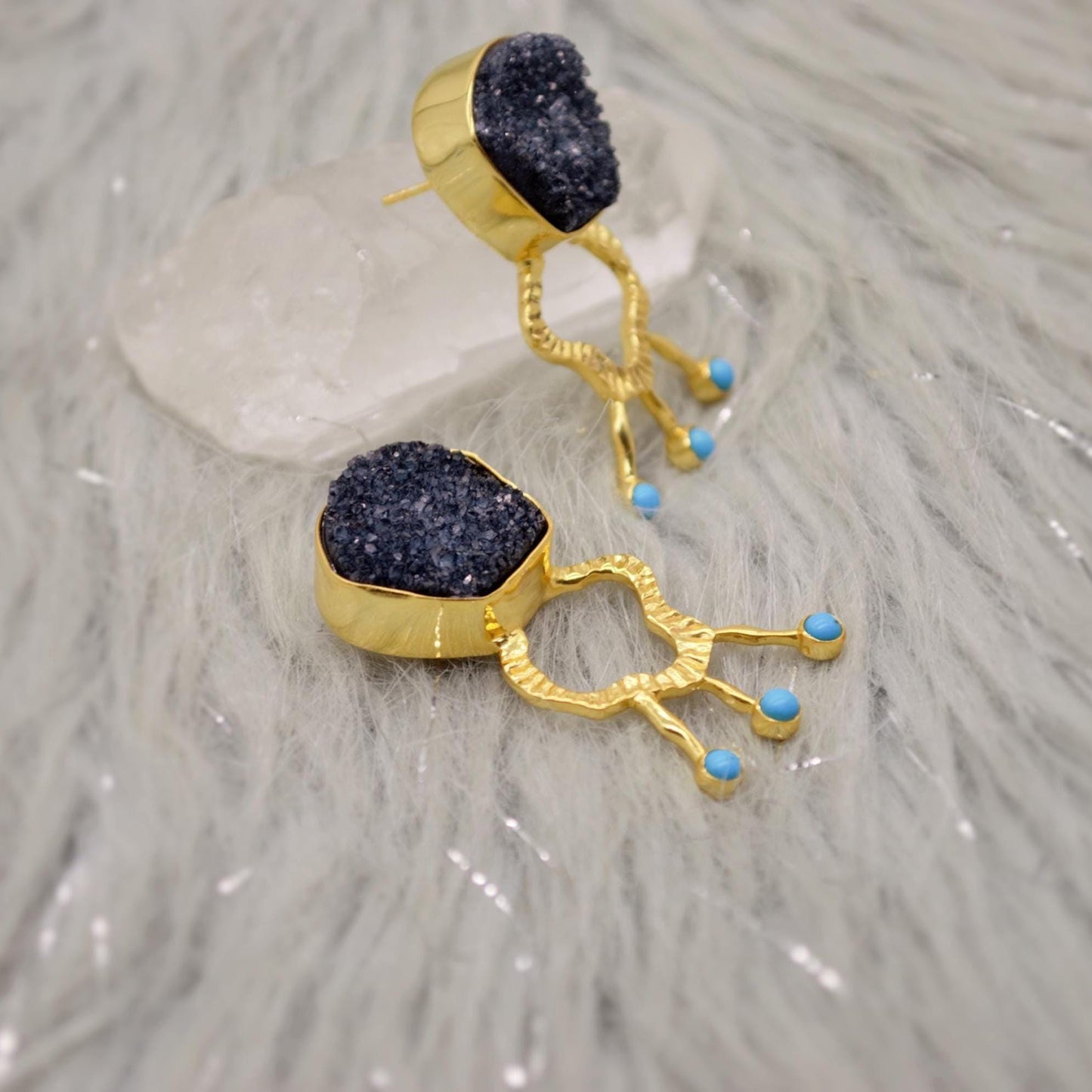 Black Druzy Agate Turquoise Silver Earrings: December Birthstone Jewelry