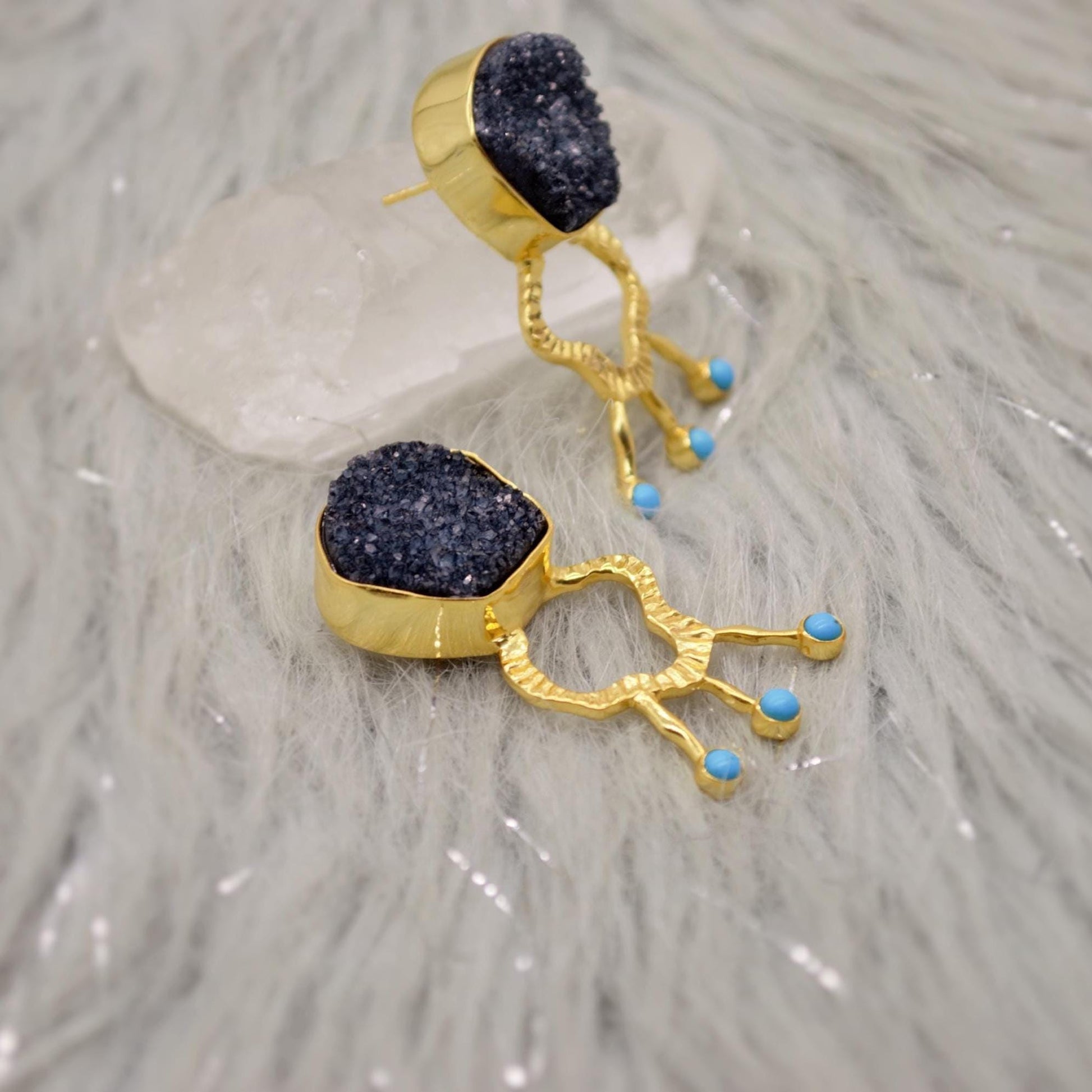 Black Druzy Agate Turquoise Silver Earrings: December Birthstone Jewelry
