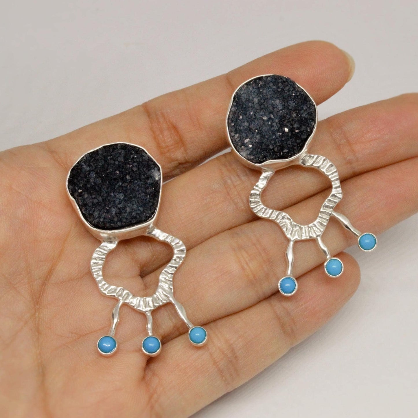 Black Druzy Agate Turquoise Silver Earrings: December Birthstone Jewelry
