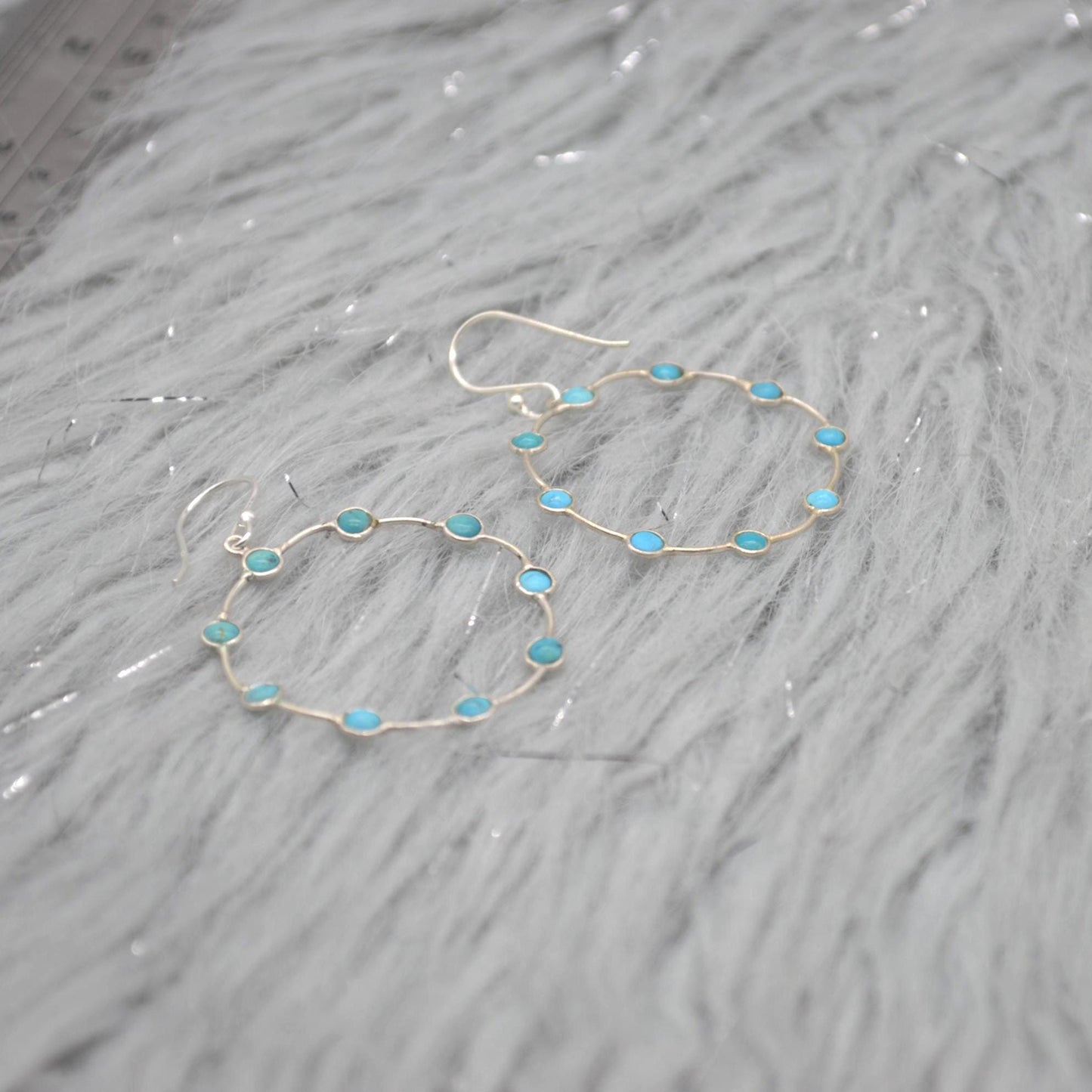 Blue Turquoise Silver Earrings: December Birthstone, Gemstone Hoop