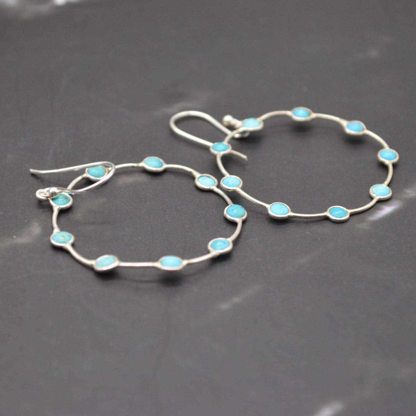 Blue Turquoise Silver Earrings: December Birthstone, Gemstone Hoop