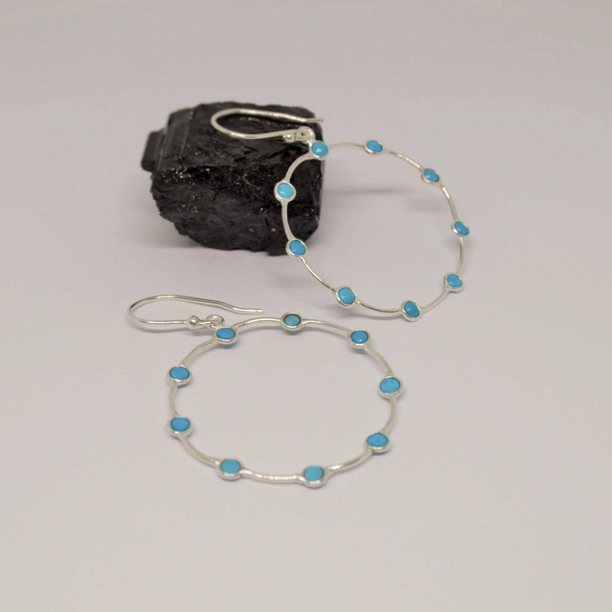 Blue Turquoise Silver Earrings: December Birthstone, Gemstone Hoop