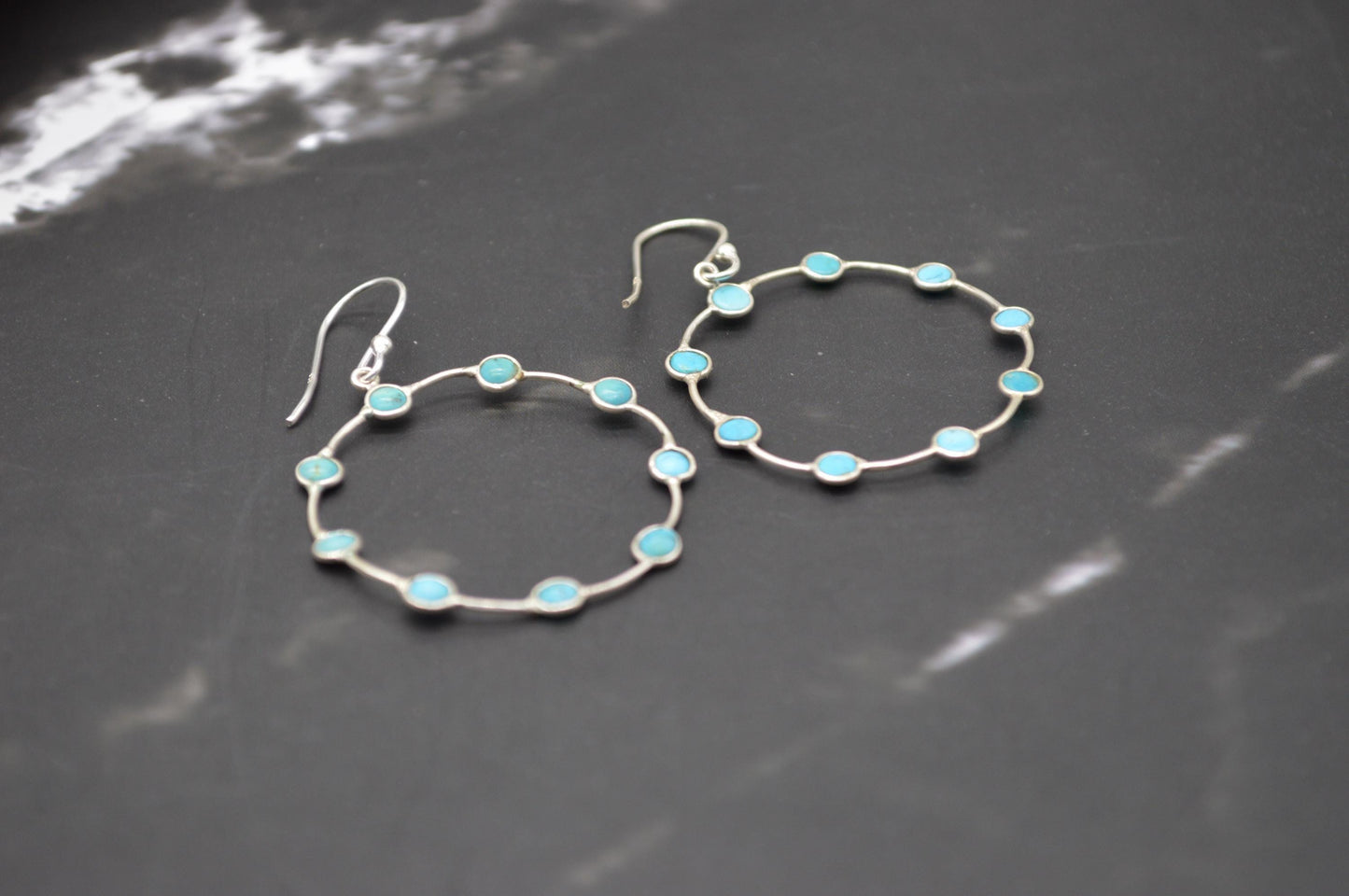 Blue Turquoise Silver Earrings: December Birthstone, Gemstone Hoop