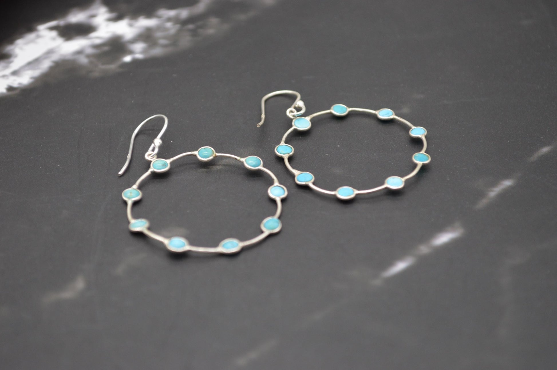 Blue Turquoise Silver Earrings: December Birthstone, Gemstone Hoop
