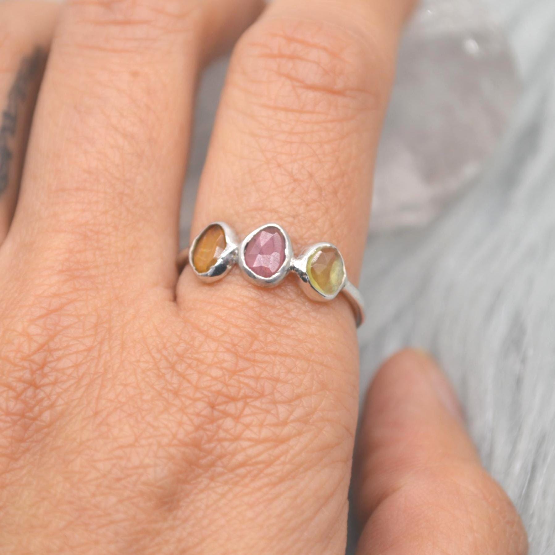 Green Pink Tourmaline Ring: Sterling Silver, October Birthstone, Tourmaline Jewelry, UK Size P