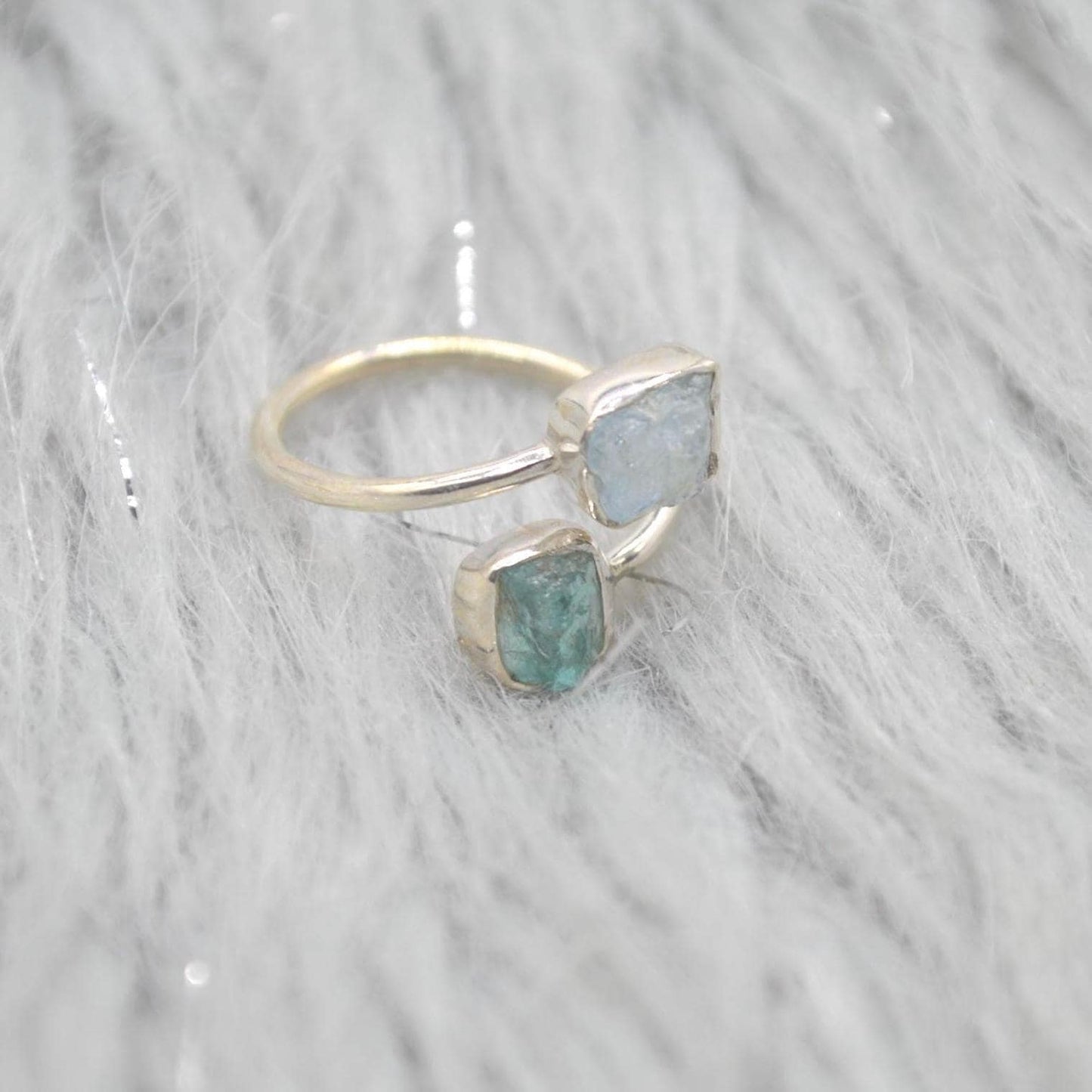 Raw Apatite Aquamarine Sterling Silver Ring: UK Size O, Blue Gemstone, March Birthstone