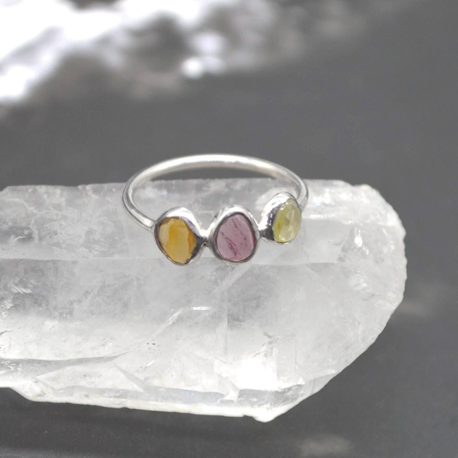 Green Pink Tourmaline Ring: Sterling Silver, October Birthstone, Tourmaline Jewelry, UK Size P