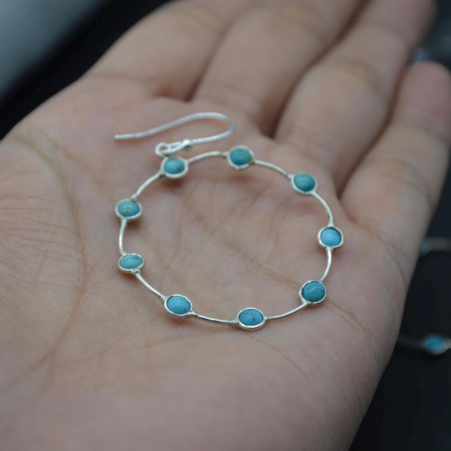 Blue Turquoise Silver Earrings: December Birthstone, Gemstone Hoop