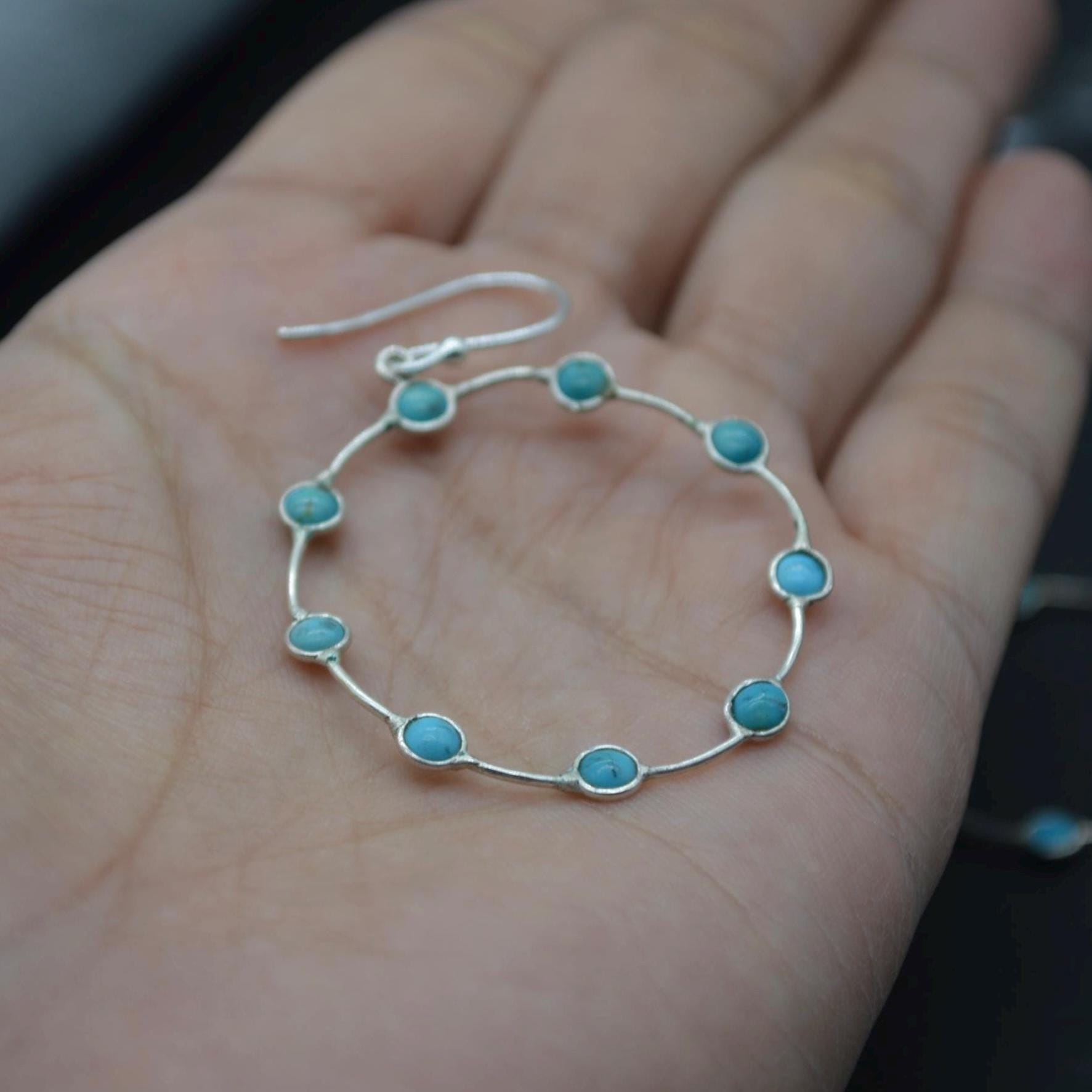 Blue Turquoise Silver Earrings: December Birthstone, Gemstone Hoop