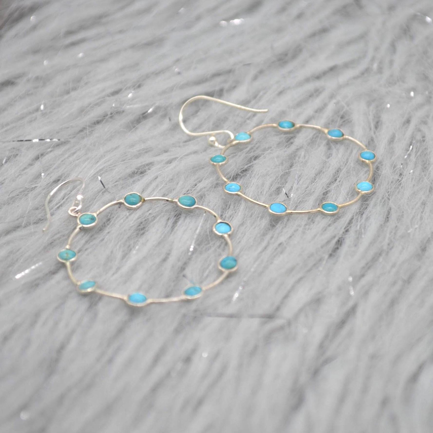 Blue Turquoise Silver Earrings: December Birthstone, Gemstone Hoop