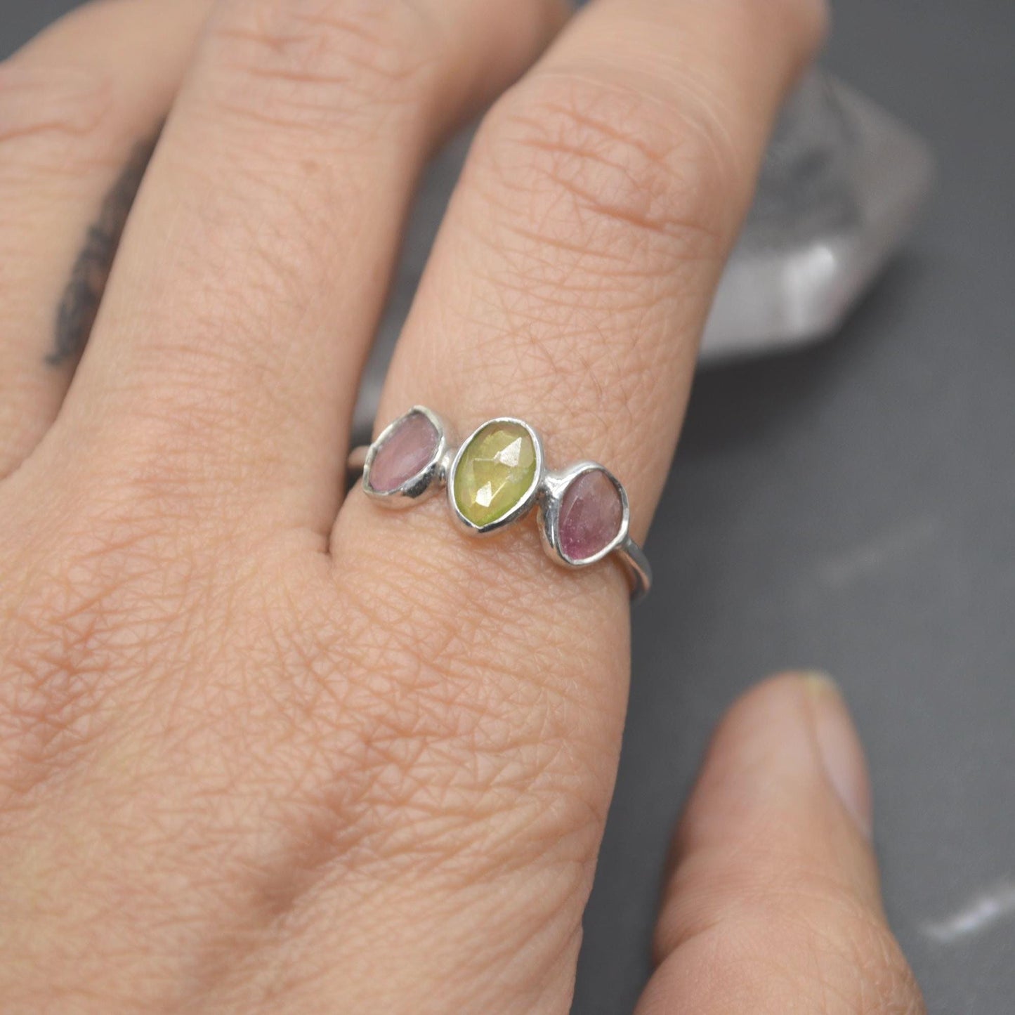 Green Pink Tourmaline Ring: Sterling Silver, October Birthstone, Tourmaline Jewelry, UK Size M