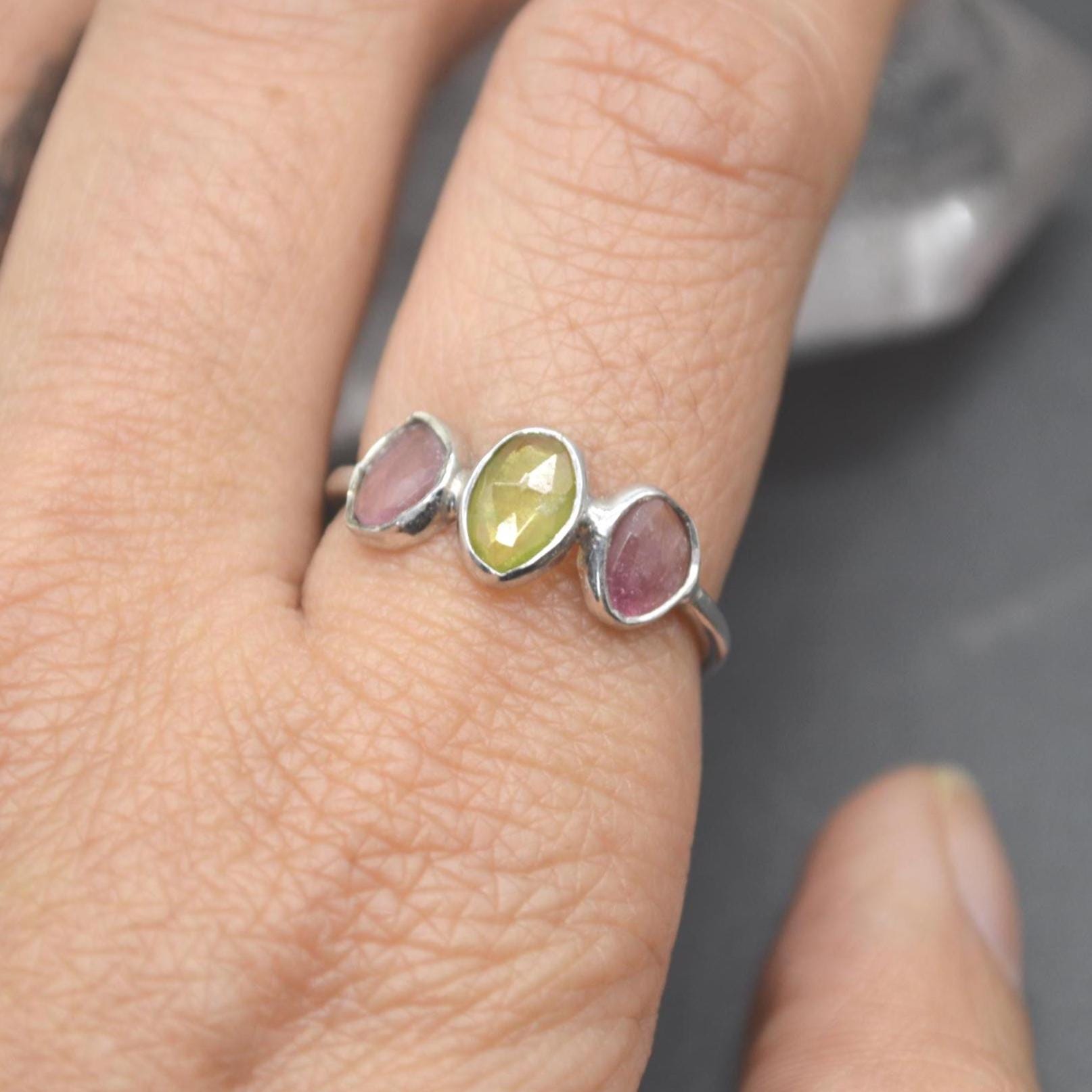 Green Pink Tourmaline Ring: Sterling Silver, October Birthstone, Tourmaline Jewelry, UK Size M