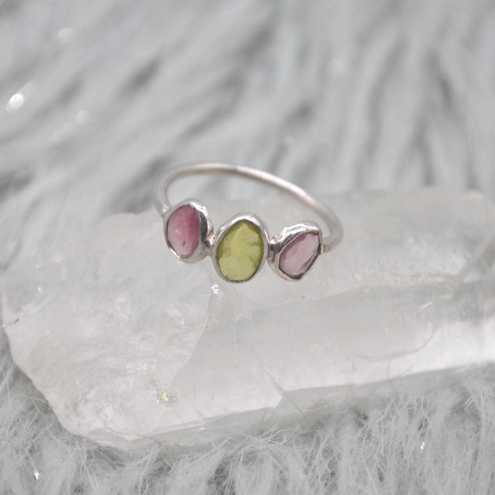 Green Pink Tourmaline Ring: Sterling Silver, October Birthstone, Tourmaline Jewelry, UK Size M