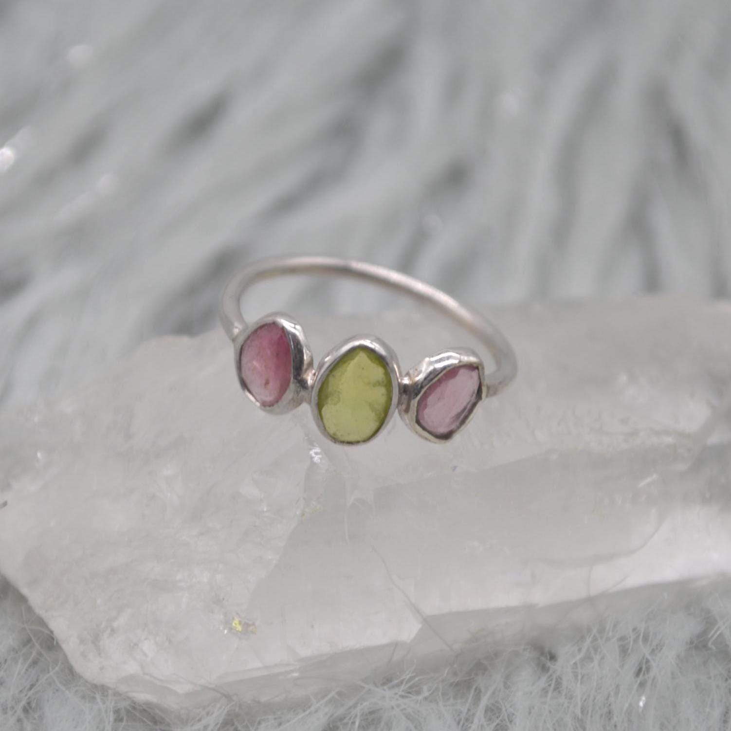 Green Pink Tourmaline Ring: Sterling Silver, October Birthstone, Tourmaline Jewelry, UK Size M