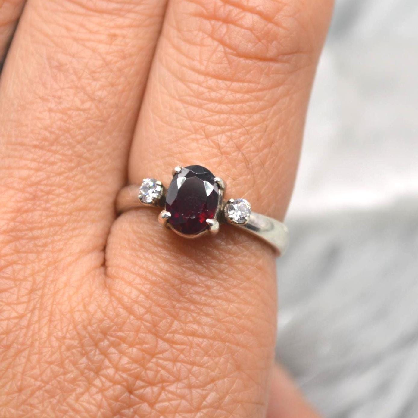 Red Garnet, CZ Sterling Silver Ring: January Birthstone, Handmade Stacking Ring, UK Size L