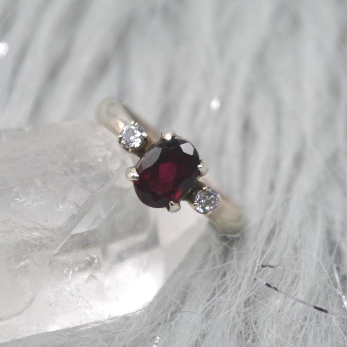 Red Garnet, CZ Sterling Silver Ring: January Birthstone, Handmade Stacking Ring, UK Size L