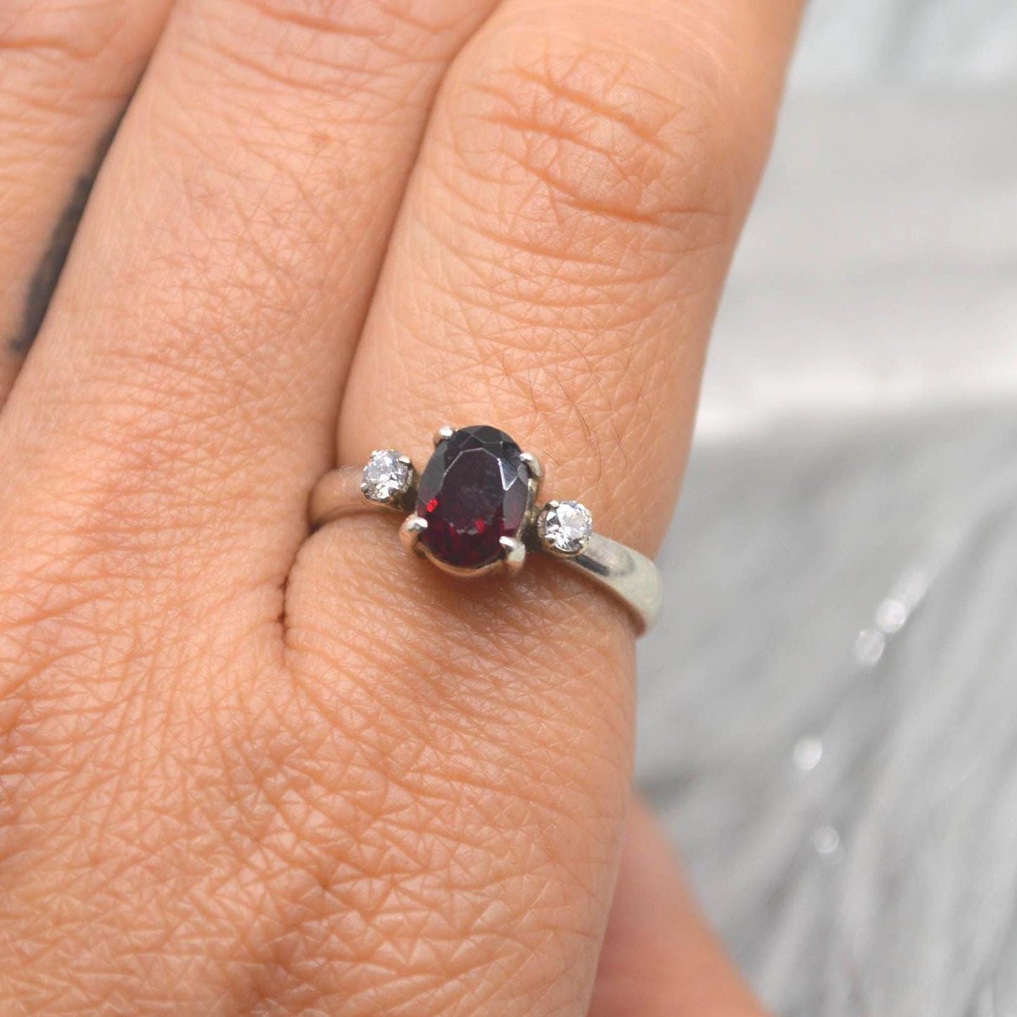 Red Garnet, CZ Sterling Silver Ring: January Birthstone, Handmade Stacking Ring, UK Size L