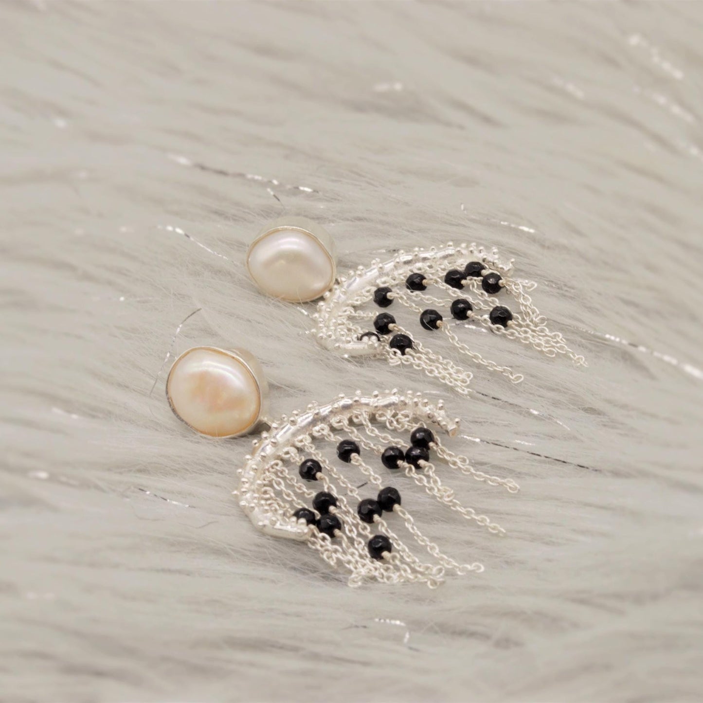 Black Onyx Pearl Sterling Silver Earrings: Beaded Jhumka Drop, June Birthstone